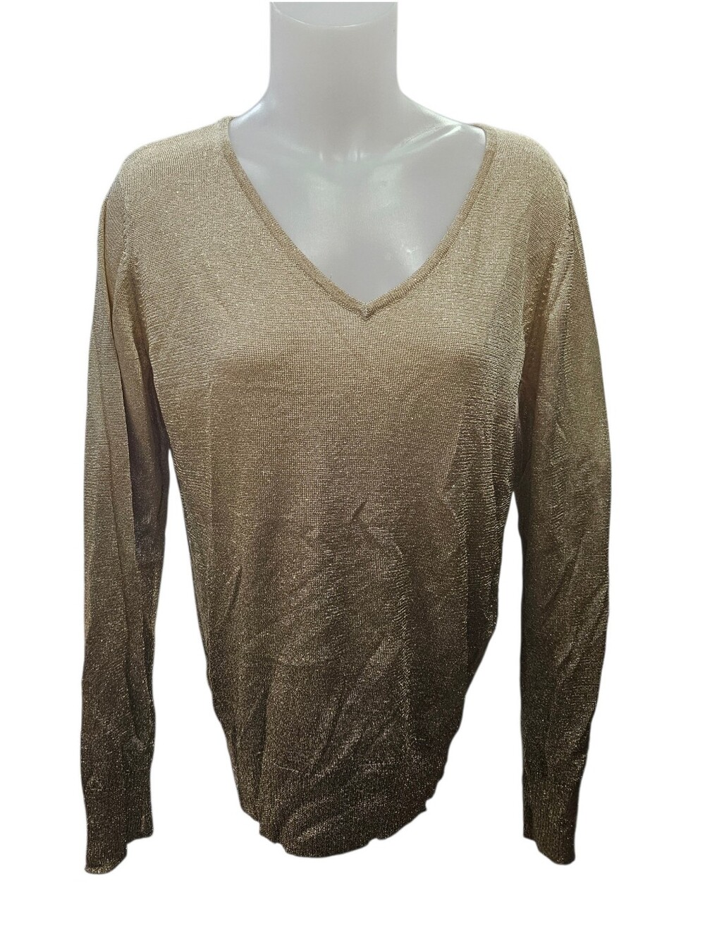 Chicos Gold Ombre Metallic Sweater Sz 2 Tan Shimmer Party Glam V Neck Holiday